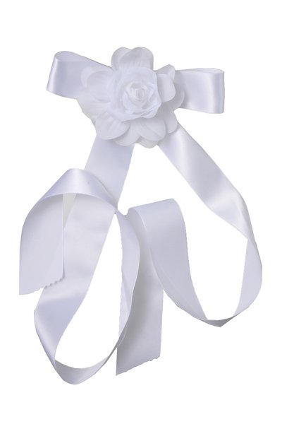 white ribbon and rose sash